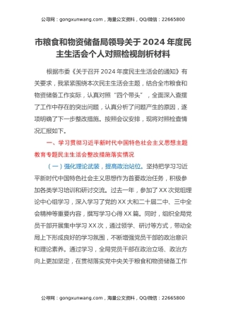 市粮食和物资储备局领导关于2024年度民主生活会个人对照检视剖析材料（主题教育整改措施落实情况+四个带头+违纪行为典型案例，举一反三剖析）