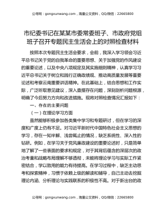 市纪委书记在某某市委常委班子、市政府党组班子召开专题民主生活会上的对照检查材料