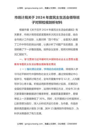 市统计局关于2024年度民主生活会领导班子对照检视剖析材料（主题教育整改措施落实情况+四个带头+典型案例举一反三剖析）
