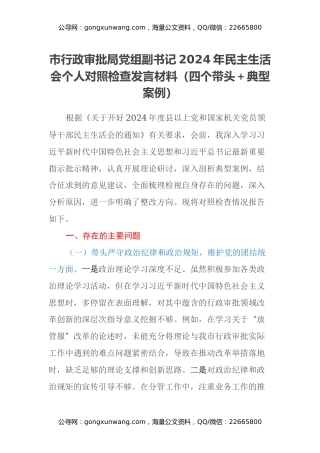 市行政审批局党组副书记2024年民主生活会个人对照检查发言材料（四个带头+典型案例）