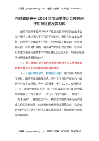 市财政局关于2024年度民主生活会领导班子对照检视发言材料