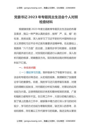 党委书记2023年专题民主生活会个人对照检查材料