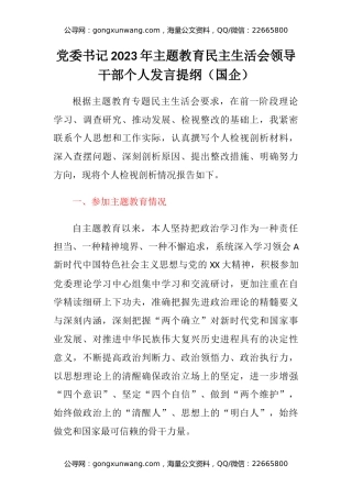 党委书记2023年主题教育民主生活会领导干部个人六个方面发言提纲（国企）