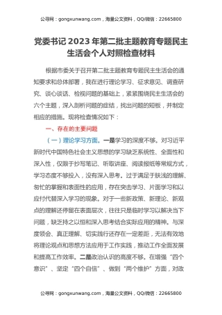 党委书记2023年第二批主题教育专题民主生活会个人对照检查材料