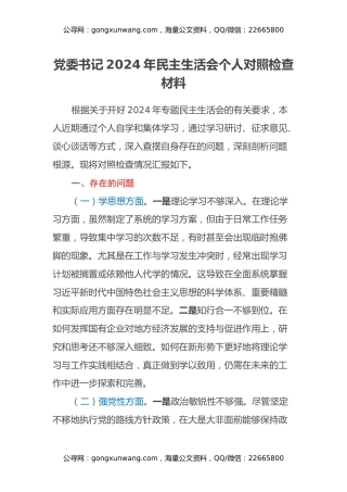 党委书记2024年民主生活会个人对照检查材料