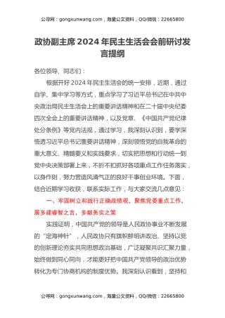 政协副主席2024年民主生活会会前研讨发言提纲