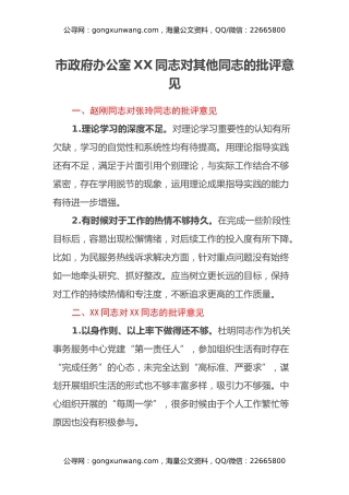 政府办公室民主生活会班子成员之间的批评意见