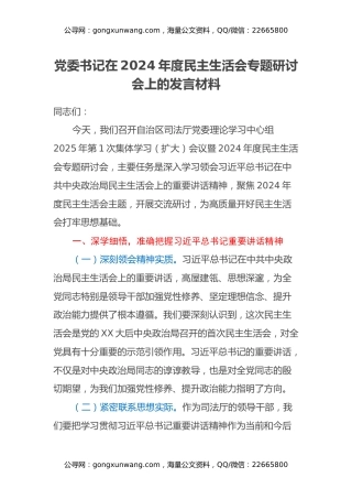 党委书记在2024年度民主生活会专题研讨会上的发言材料