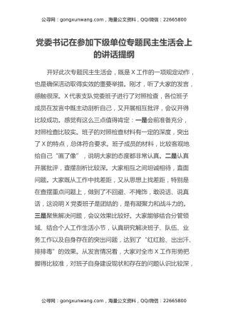 党委书记在参加下级单位专题民主生活会上的讲话提纲