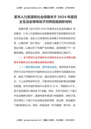 某市人力资源和社会保障关于2024年度民主生活会领导班子对照检视剖析材料