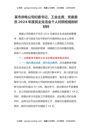 某市供电公司纪委书记、工会主席、党委委员2024年度民主生活会个人对照检视剖析材料（主题教育整改措施落实情况+四个带头+典型案例剖析与反思）