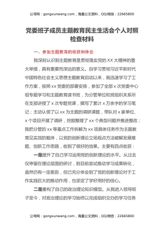 党委班子成员主题教育民主生活会个人对照检查材料