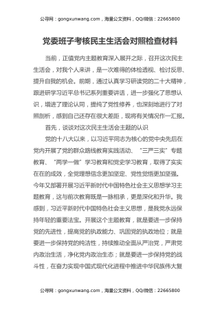 党委班子考核民主生活会对照检查材料（14）