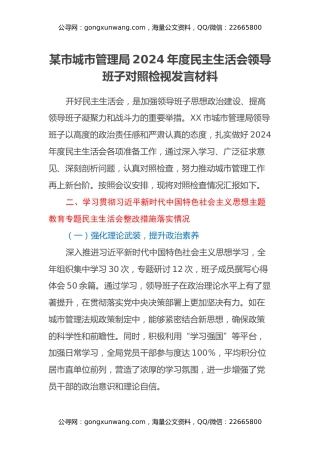 某市城市管理局2024年度民主生活会领导班子对照检视发言材料