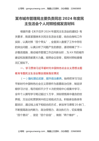 某市城市管理局主要负责同志2024年度民主生活会个人对照检视发言材料（主题教育整改措施落实情况+四个带头+典型案例剖析，深刻反思自省方面）