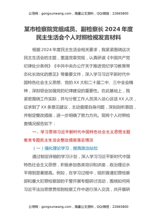 某市检察院党组成员、副检察长2024年度民主生活会个人对照检视发言材料