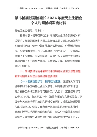 某市检察院副检察长2024年度民主生活会个人对照检视发言材料