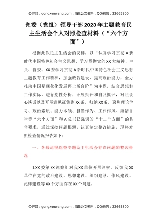 党委（党组）领导干部2023年主题教育民主生活会个人对照检查材料（“六个方面”）