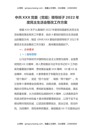 党委（党组）领导班子 2022年度民主生活会整改工作方案