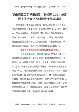 某市烟草公司党组成员、副经理2024年度民主生活会个人对照检视剖析材料