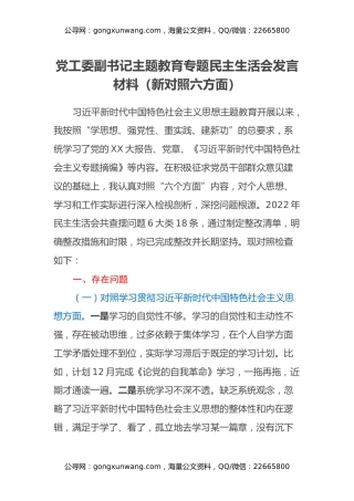 党工委副书记主题教育专题民主生活会发言材料（新6个对照方面）