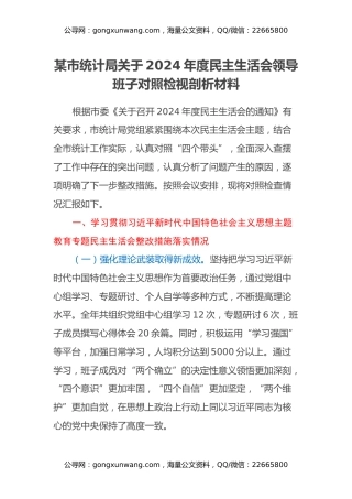 某市统计局关于2024年度民主生活会领导班子对照检视剖析材料（主题教育整改措施落实情况+四个带头+违纪行为典型案例，举一反三剖析）