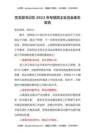 党支部书记在2022年专题民主生活会表态发言
