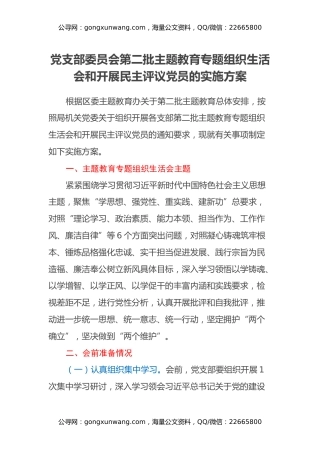 党支部委员会第二批主题教育专题组织生活会和开展民主评议党员的实施方案