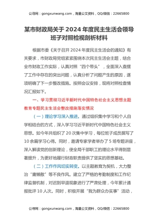 某市财政局关于2024年度民主生活会领导班子对照检视剖析材料