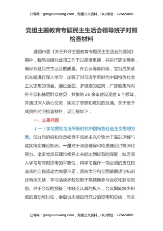 党组主题教育专题民主生活会领导班子对照检查材料