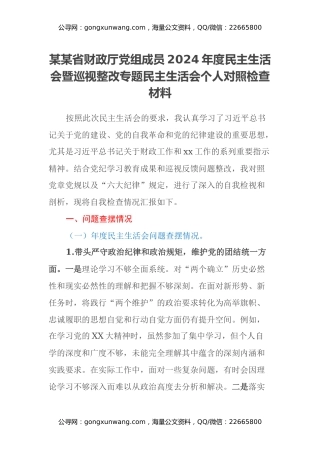 某某省财政厅党组成员2024年度民主生活会暨巡视整改专题民主生活会个人对照检查材料​