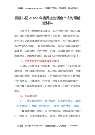 党组书记2022年度民主生活会个人对照检查材料