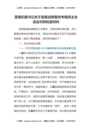 某镇纪委书记关于县委巡察整改专题民主生活会对照检查材料