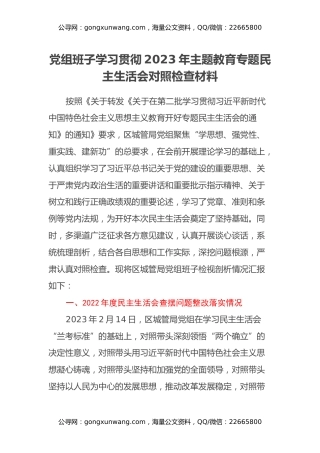 党组班子学习贯彻2023年主题教育专题民主生活会对照检查材料（上年度查摆问题整改落实情况、新六个方面、政绩观、反面典型案例检视剖析）