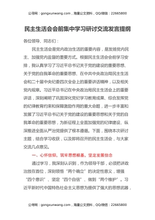 民主生活会会前集中学习研讨交流发言提纲