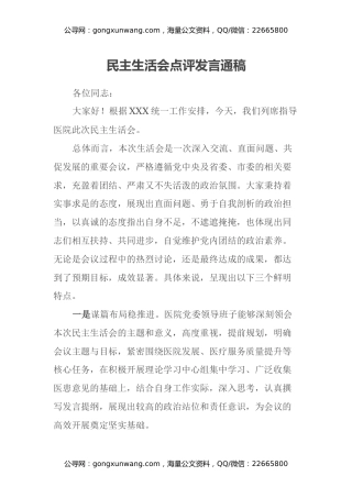 民主生活会点评发言通稿