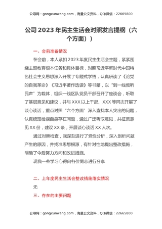 公司2023年民主生活会对照发言提纲（六个方面））