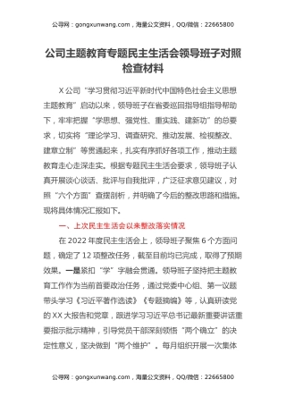 公司主题教育专题民主生活会领导班子对照检查材料