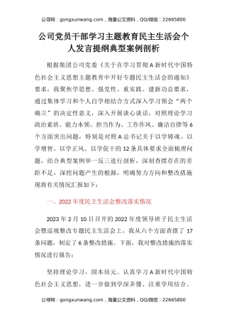 公司党员干部学习主题教育民主生活会个人发言提纲典型案例剖析