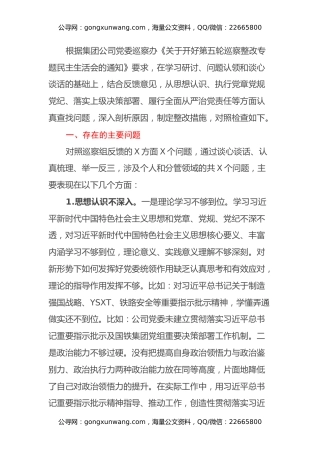 公司党委书记巡察整改专题民主生活会对照检查材料