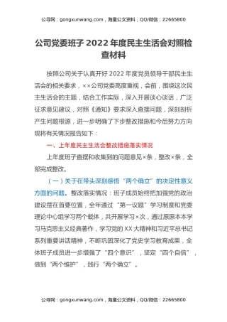 公司党委班子2022年度民主生活会对照检查材料