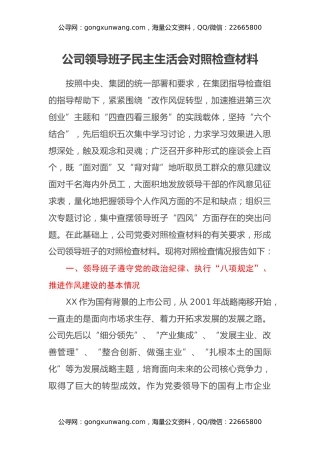 公司领导班子民主生活会对照检查材料