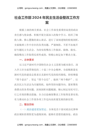 社会工作部2024年民主生活会整改工作方案