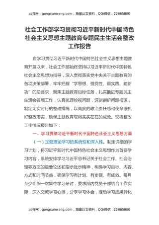 社会工作部学习贯彻习近平新时代中国特色社会主义思想主题教育专题民主生活会整改工作报告