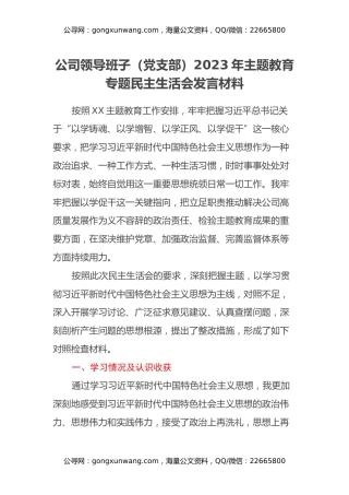 公司领导班子（党支部）2023年主题教育专题民主生活会发言材料