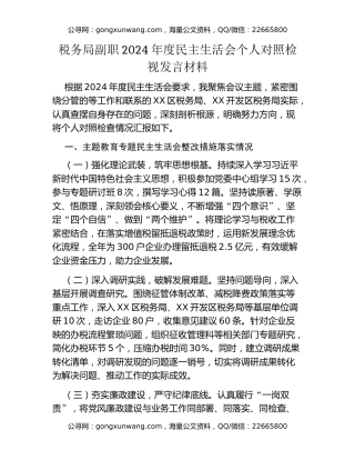 税务局副职2024年度民主生活会个人对照检视发言材料