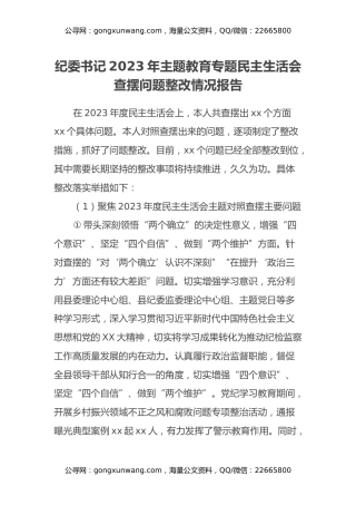 纪委书记2023年主题教育专题民主生活会查摆问题整改情况报告