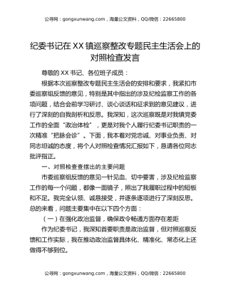 纪委书记在XX镇巡察整改专题民主生活会上的对照检查发言