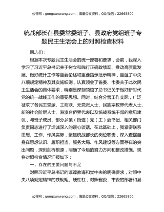 统战部长在县委常委班子、县政府党组班子专题民主生活会上的对照检查材料