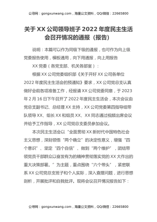 关于XX公司领导班子2022年度民主生活会召开情况的报告